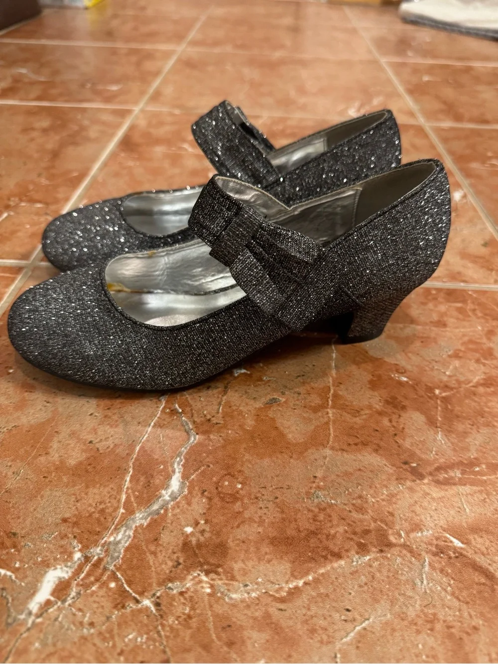 Jessica Simpson Girls Black Glitter Mary Jane Block Heel Dress Shoes Bow Size 3